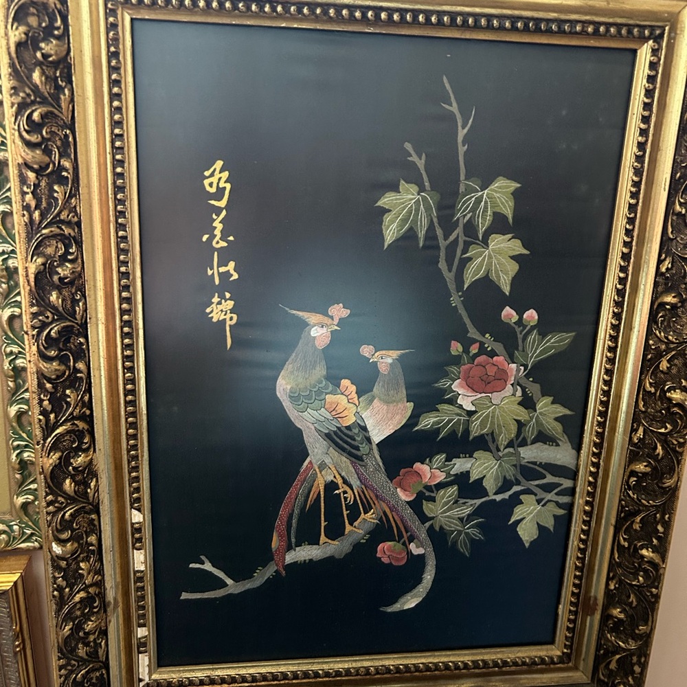 Antique hand embroidery wall art with frame